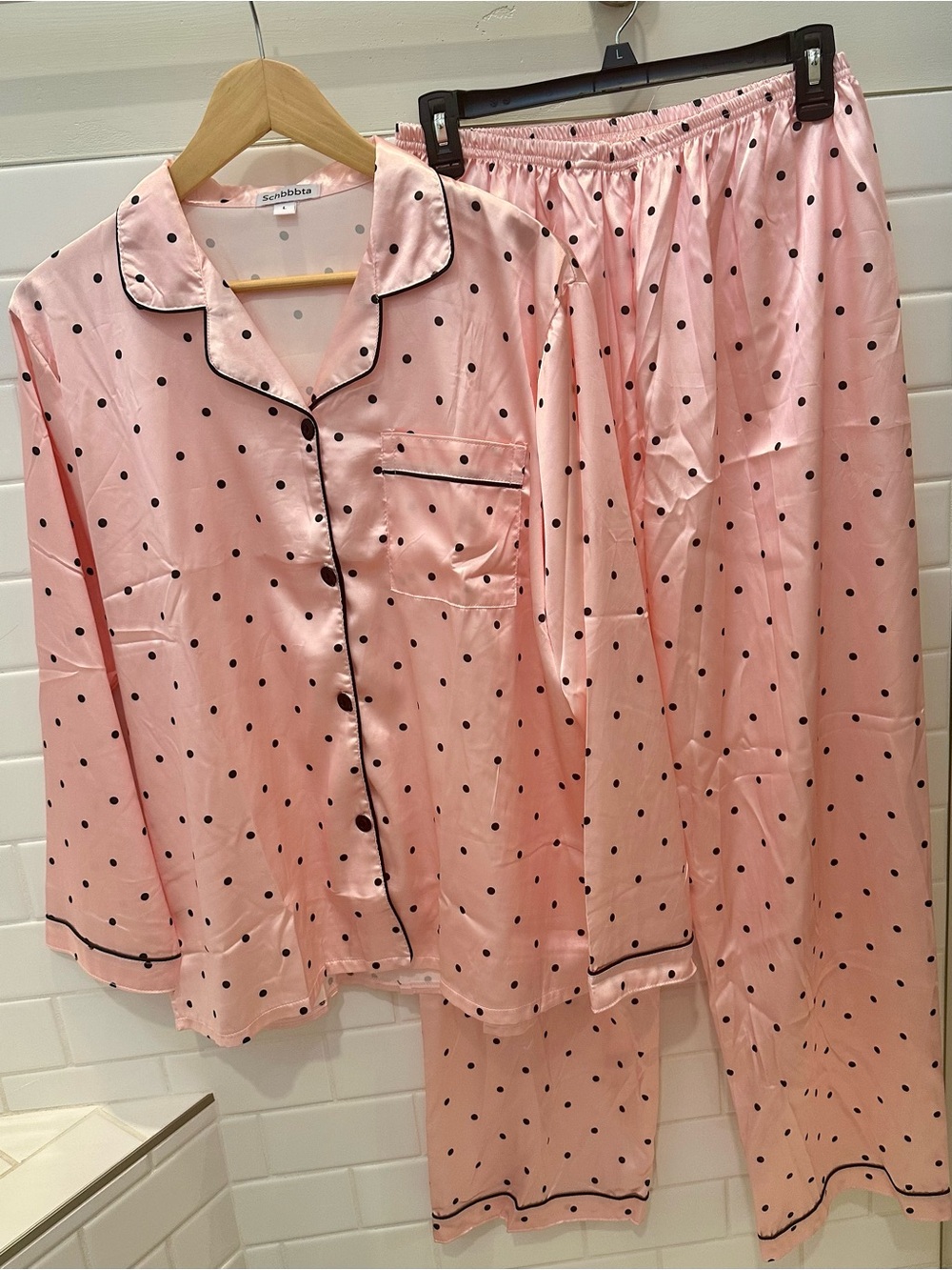 Brand New Pink Satin Polka Dot Pajama Set - Long Sleeve & Pants
